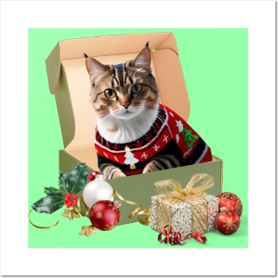 Funny Cat In Box Ugly Christmas Sweater Crazy Cat Posters and Art